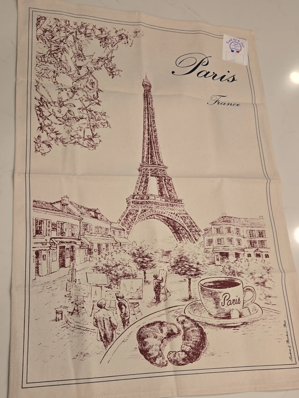 Paris Scenic Wash Cloth - Beige with Maroon Print. Made in FRANCE.